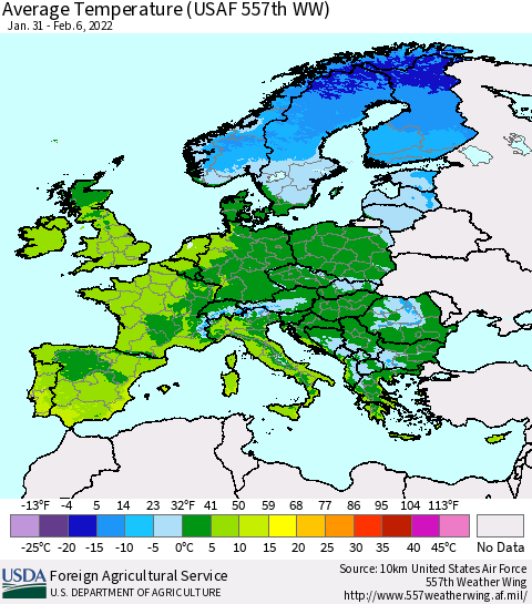 Europe Average Temperature (USAF 557th WW) Thematic Map For 1/31/2022 - 2/6/2022