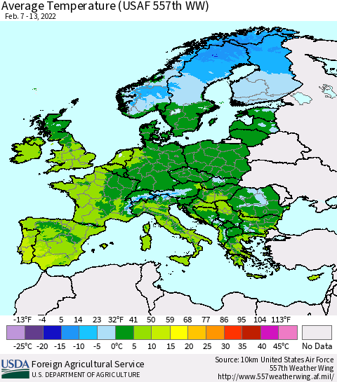 Europe Average Temperature (USAF 557th WW) Thematic Map For 2/7/2022 - 2/13/2022