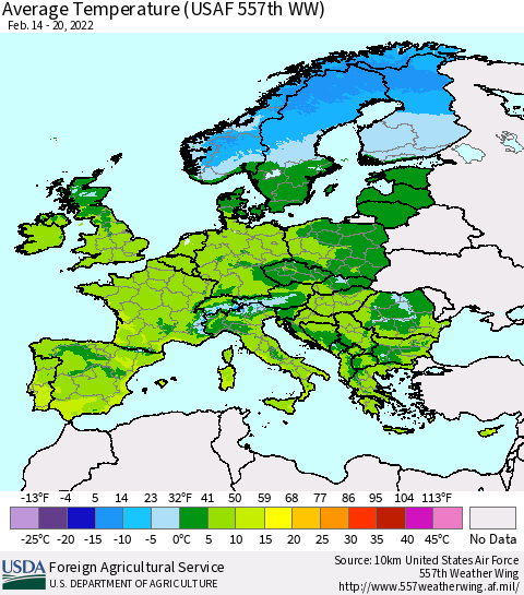 Europe Average Temperature (USAF 557th WW) Thematic Map For 2/14/2022 - 2/20/2022