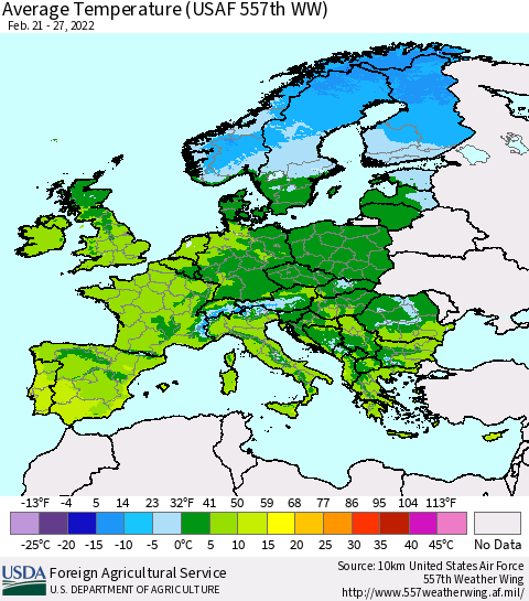 Europe Average Temperature (USAF 557th WW) Thematic Map For 2/21/2022 - 2/27/2022