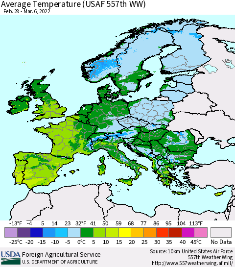 Europe Average Temperature (USAF 557th WW) Thematic Map For 2/28/2022 - 3/6/2022