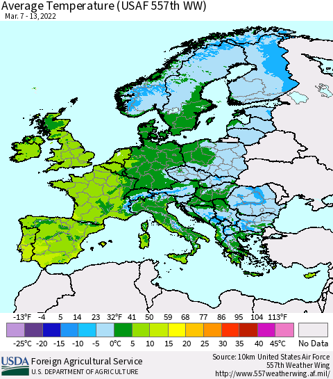 Europe Average Temperature (USAF 557th WW) Thematic Map For 3/7/2022 - 3/13/2022