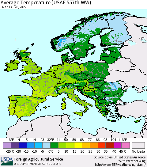 Europe Average Temperature (USAF 557th WW) Thematic Map For 3/14/2022 - 3/20/2022