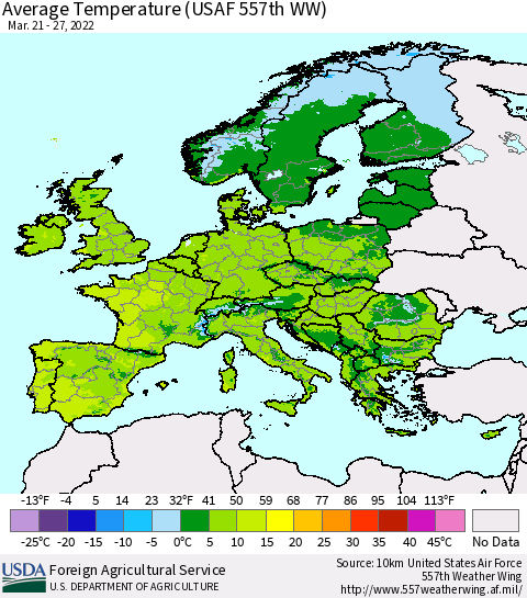 Europe Average Temperature (USAF 557th WW) Thematic Map For 3/21/2022 - 3/27/2022