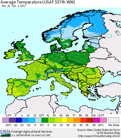 Europe Average Temperature (USAF 557th WW) Thematic Map For 3/28/2022 - 4/3/2022