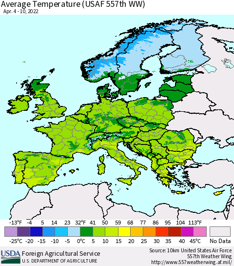 Europe Average Temperature (USAF 557th WW) Thematic Map For 4/4/2022 - 4/10/2022