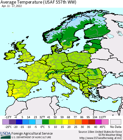 Europe Average Temperature (USAF 557th WW) Thematic Map For 4/11/2022 - 4/17/2022