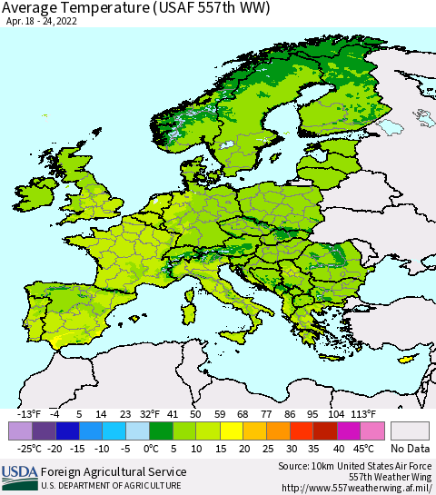 Europe Average Temperature (USAF 557th WW) Thematic Map For 4/18/2022 - 4/24/2022