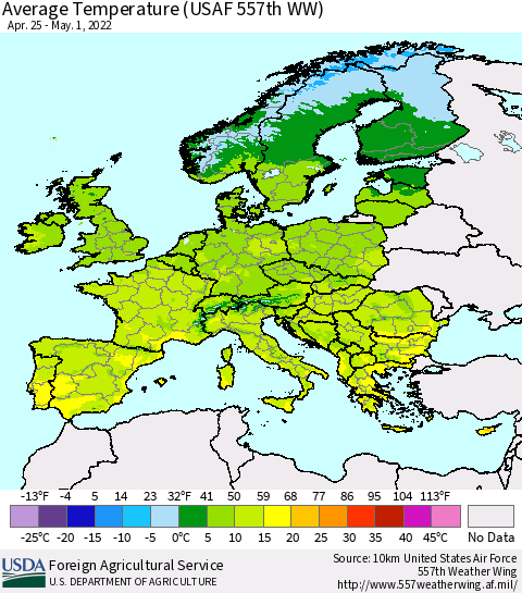 Europe Average Temperature (USAF 557th WW) Thematic Map For 4/25/2022 - 5/1/2022