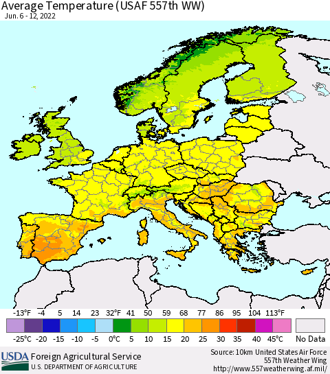 Europe Average Temperature (USAF 557th WW) Thematic Map For 6/6/2022 - 6/12/2022
