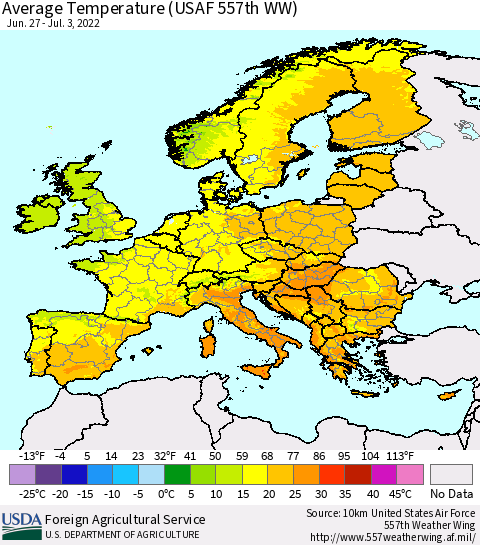 Europe Average Temperature (USAF 557th WW) Thematic Map For 6/27/2022 - 7/3/2022