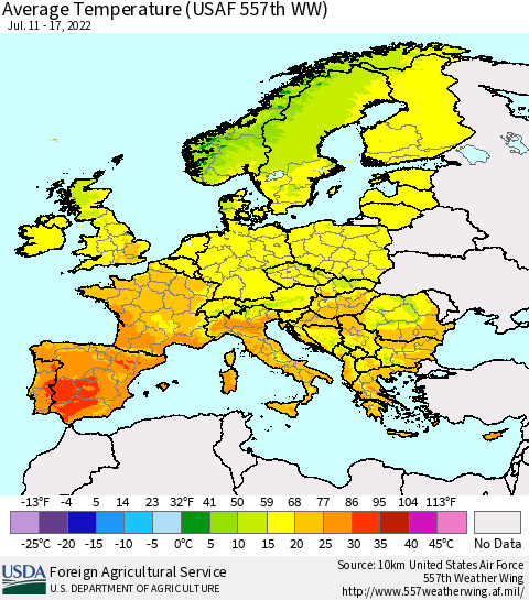 Europe Average Temperature (USAF 557th WW) Thematic Map For 7/11/2022 - 7/17/2022