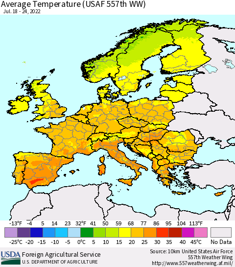 Europe Average Temperature (USAF 557th WW) Thematic Map For 7/18/2022 - 7/24/2022