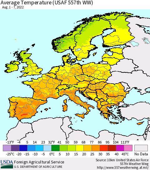 Europe Average Temperature (USAF 557th WW) Thematic Map For 8/1/2022 - 8/7/2022
