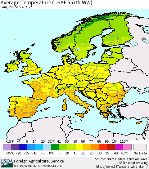 Europe Average Temperature (USAF 557th WW) Thematic Map For 8/29/2022 - 9/4/2022