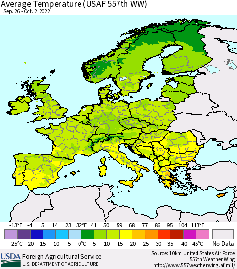 Europe Average Temperature (USAF 557th WW) Thematic Map For 9/26/2022 - 10/2/2022
