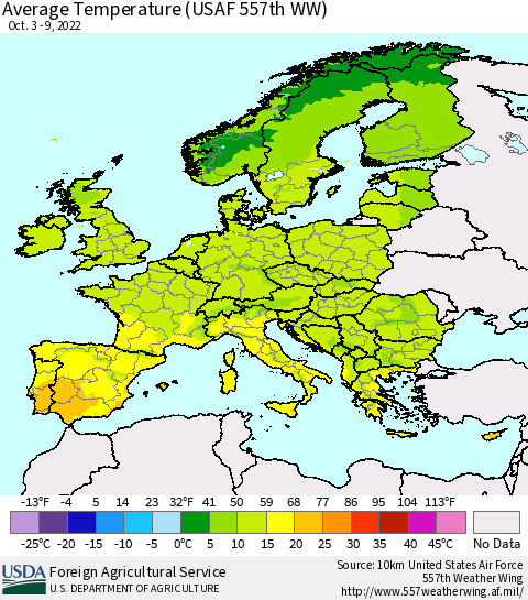 Europe Average Temperature (USAF 557th WW) Thematic Map For 10/3/2022 - 10/9/2022