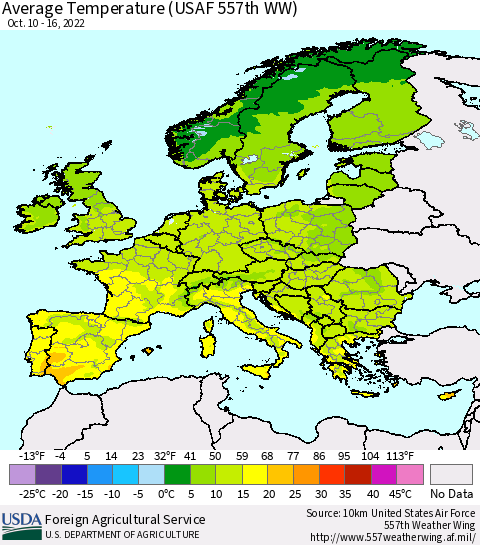 Europe Average Temperature (USAF 557th WW) Thematic Map For 10/10/2022 - 10/16/2022