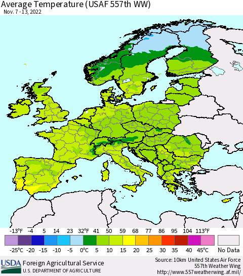 Europe Average Temperature (USAF 557th WW) Thematic Map For 11/7/2022 - 11/13/2022