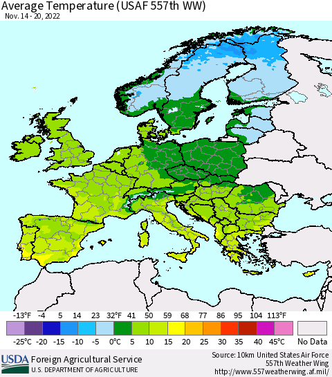 Europe Average Temperature (USAF 557th WW) Thematic Map For 11/14/2022 - 11/20/2022