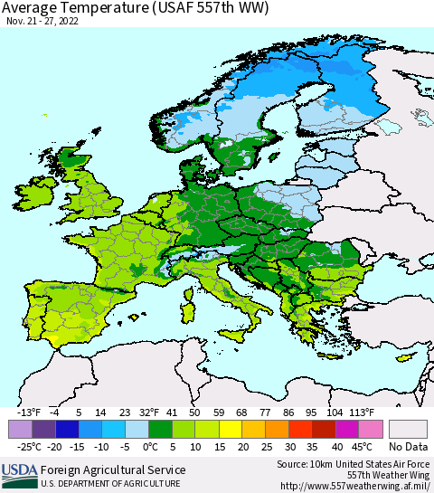 Europe Average Temperature (USAF 557th WW) Thematic Map For 11/21/2022 - 11/27/2022