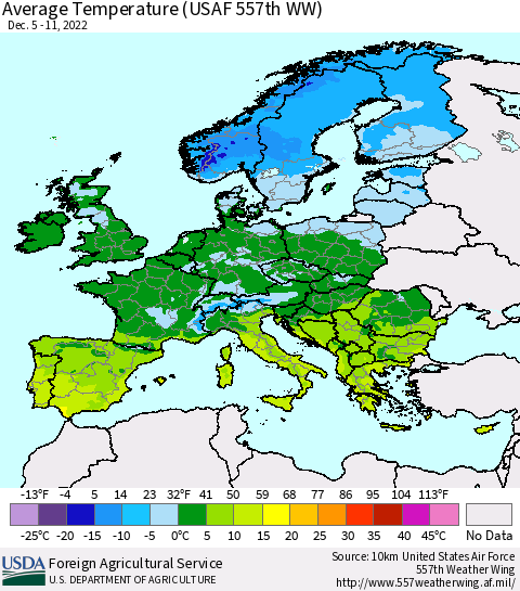 Europe Average Temperature (USAF 557th WW) Thematic Map For 12/5/2022 - 12/11/2022