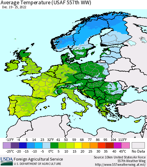 Europe Average Temperature (USAF 557th WW) Thematic Map For 12/19/2022 - 12/25/2022