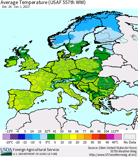Europe Average Temperature (USAF 557th WW) Thematic Map For 12/26/2022 - 1/1/2023