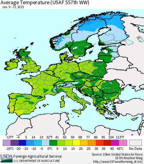 Europe Average Temperature (USAF 557th WW) Thematic Map For 1/9/2023 - 1/15/2023