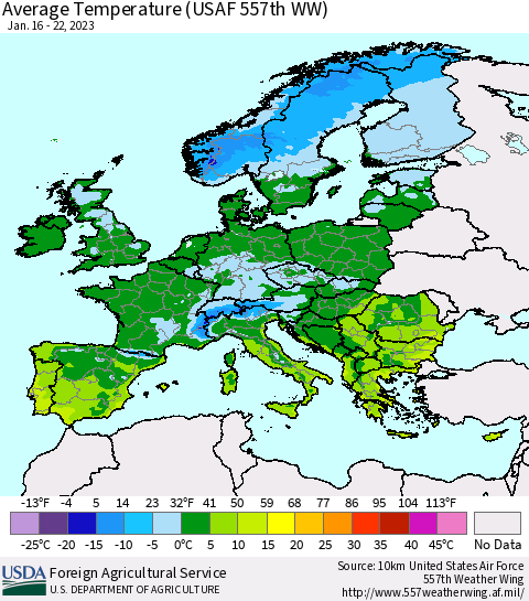 Europe Average Temperature (USAF 557th WW) Thematic Map For 1/16/2023 - 1/22/2023