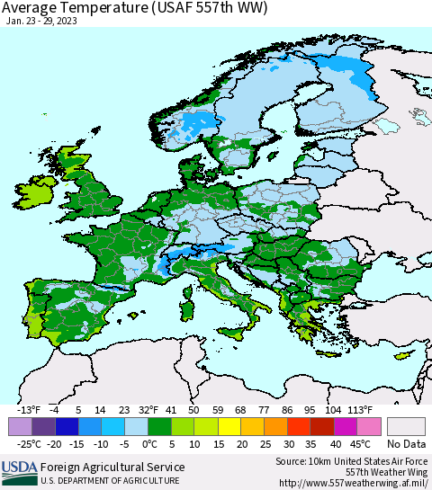Europe Average Temperature (USAF 557th WW) Thematic Map For 1/23/2023 - 1/29/2023