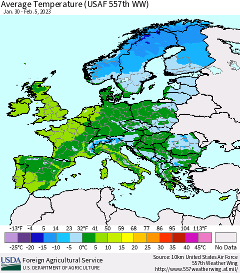 Europe Average Temperature (USAF 557th WW) Thematic Map For 1/30/2023 - 2/5/2023