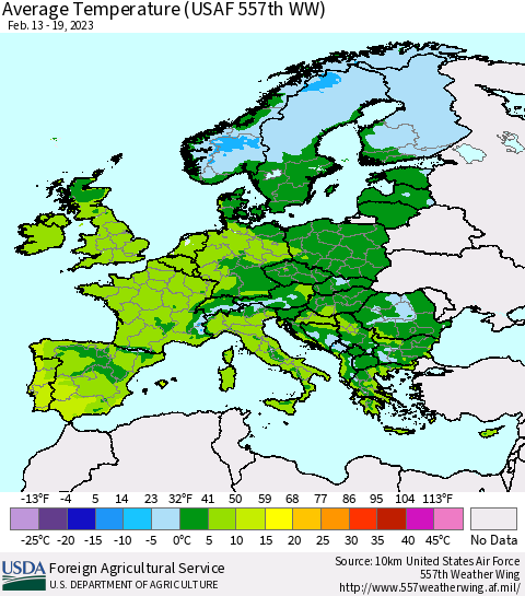 Europe Average Temperature (USAF 557th WW) Thematic Map For 2/13/2023 - 2/19/2023