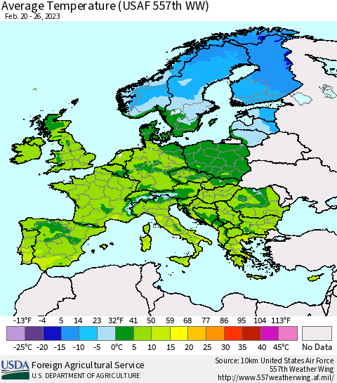 Europe Average Temperature (USAF 557th WW) Thematic Map For 2/20/2023 - 2/26/2023