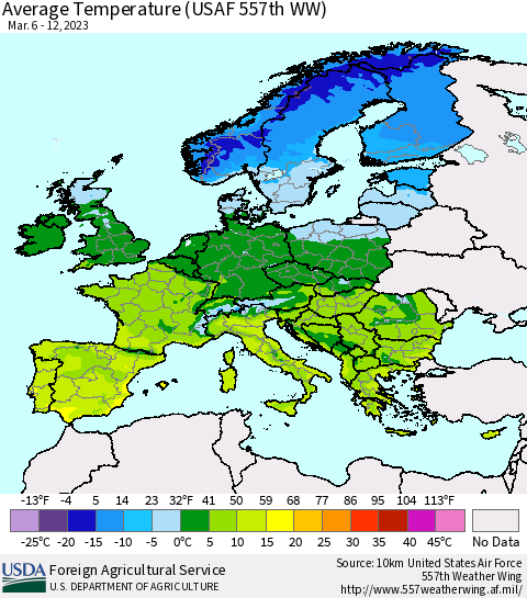 Europe Average Temperature (USAF 557th WW) Thematic Map For 3/6/2023 - 3/12/2023