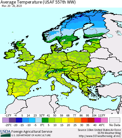 Europe Average Temperature (USAF 557th WW) Thematic Map For 3/20/2023 - 3/26/2023
