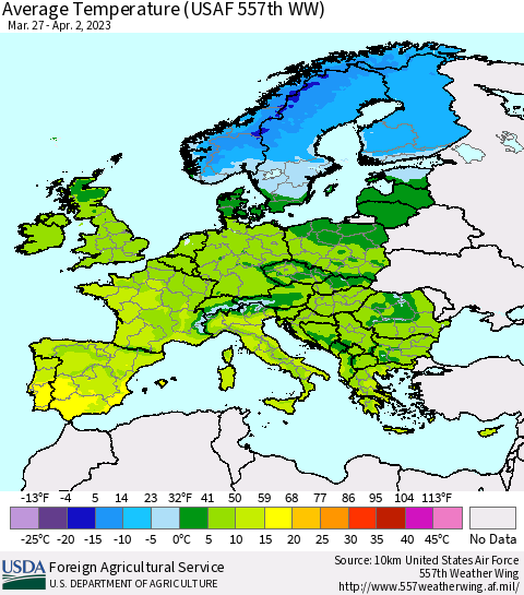 Europe Average Temperature (USAF 557th WW) Thematic Map For 3/27/2023 - 4/2/2023