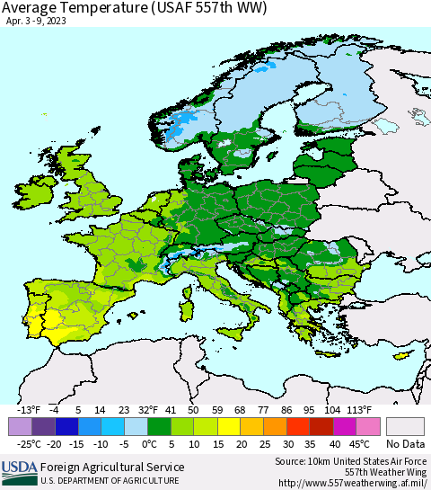 Europe Average Temperature (USAF 557th WW) Thematic Map For 4/3/2023 - 4/9/2023