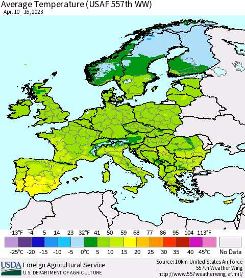 Europe Average Temperature (USAF 557th WW) Thematic Map For 4/10/2023 - 4/16/2023