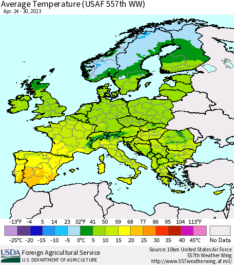 Europe Average Temperature (USAF 557th WW) Thematic Map For 4/24/2023 - 4/30/2023