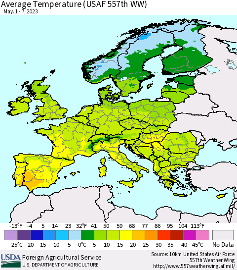 Europe Average Temperature (USAF 557th WW) Thematic Map For 5/1/2023 - 5/7/2023