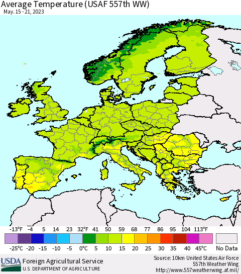 Europe Average Temperature (USAF 557th WW) Thematic Map For 5/15/2023 - 5/21/2023
