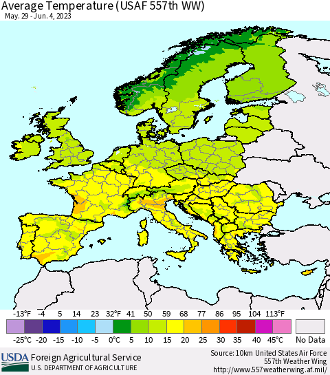 Europe Average Temperature (USAF 557th WW) Thematic Map For 5/29/2023 - 6/4/2023