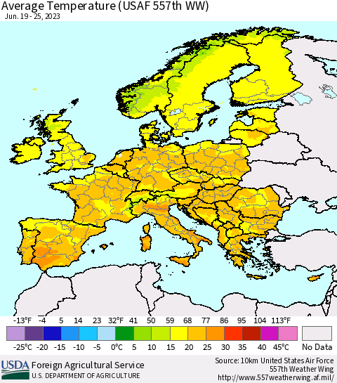 Europe Average Temperature (USAF 557th WW) Thematic Map For 6/19/2023 - 6/25/2023