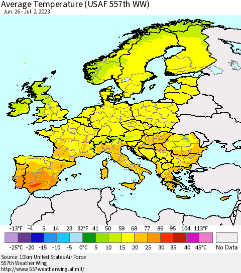 Europe Average Temperature (USAF 557th WW) Thematic Map For 6/26/2023 - 7/2/2023