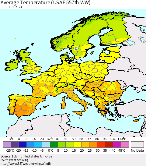 Europe Average Temperature (USAF 557th WW) Thematic Map For 7/3/2023 - 7/9/2023