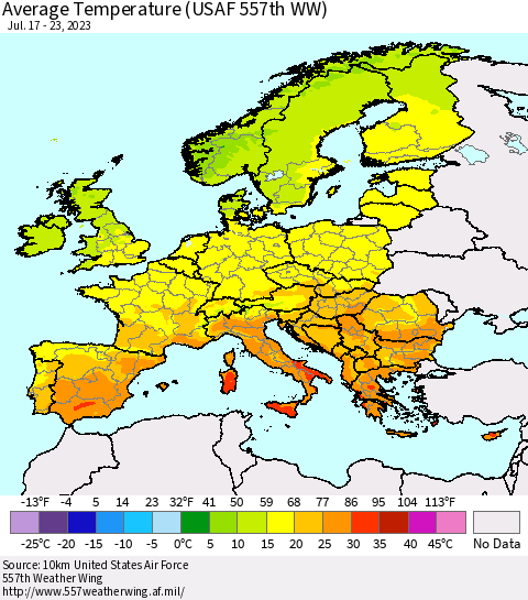 Europe Average Temperature (USAF 557th WW) Thematic Map For 7/17/2023 - 7/23/2023