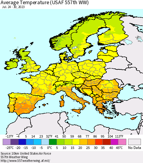 Europe Average Temperature (USAF 557th WW) Thematic Map For 7/24/2023 - 7/30/2023