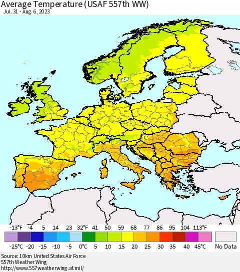 Europe Average Temperature (USAF 557th WW) Thematic Map For 7/31/2023 - 8/6/2023
