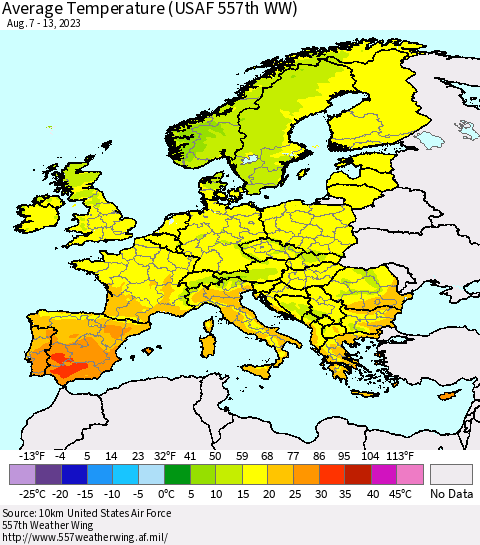 Europe Average Temperature (USAF 557th WW) Thematic Map For 8/7/2023 - 8/13/2023